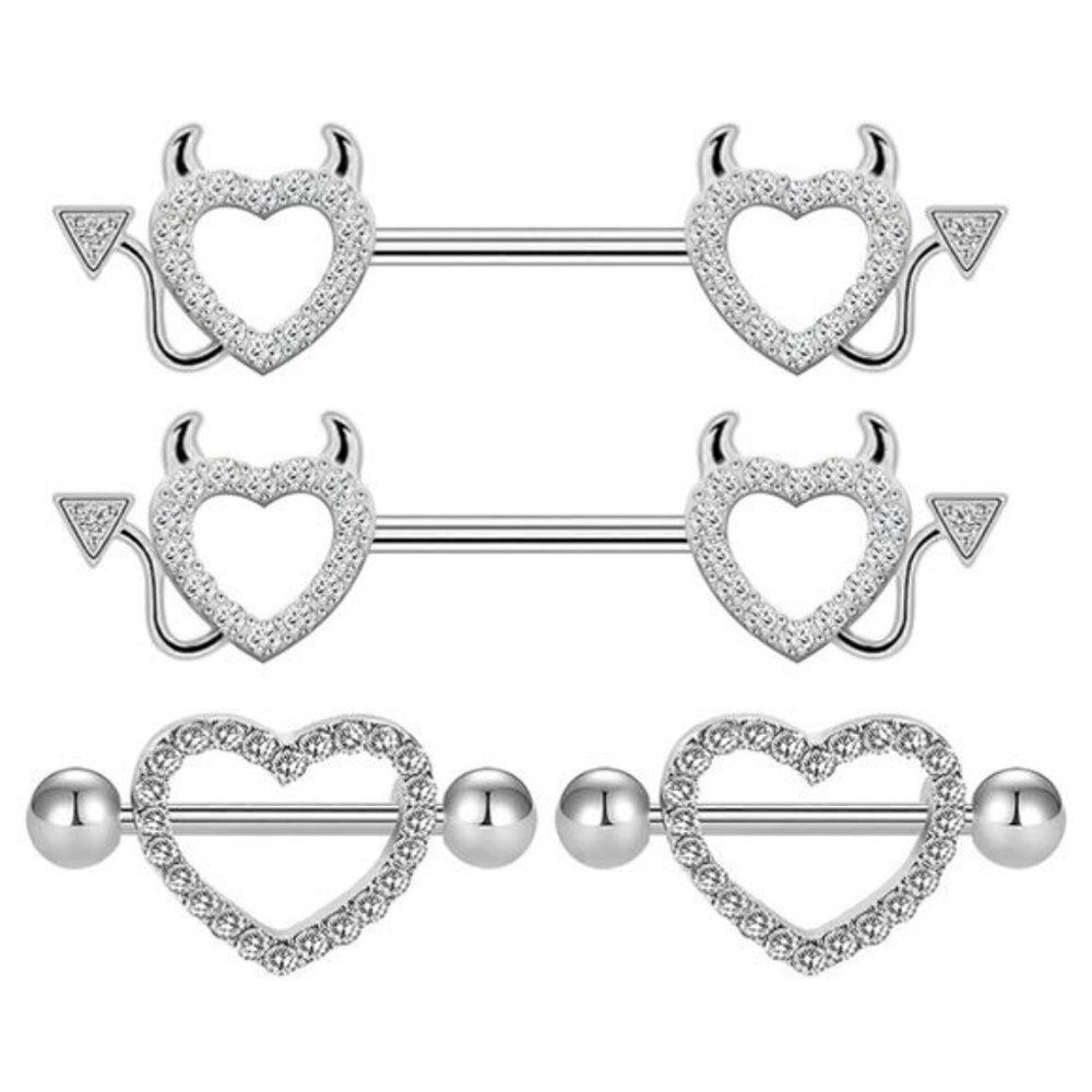 14G 316L Silver & Diamond Cubic Zirconia Devil & Hearts Nipplerings Set of 2